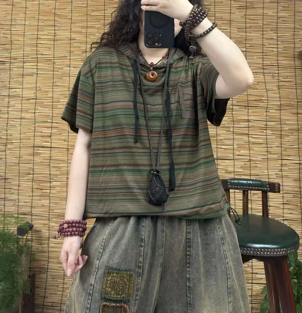 1538-5彩色条纹带帽T恤（长55左右，90-150斤）