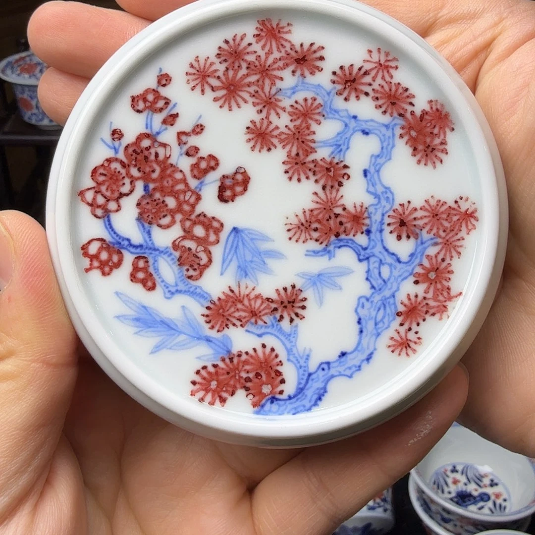 青花釉里红松竹梅盖置