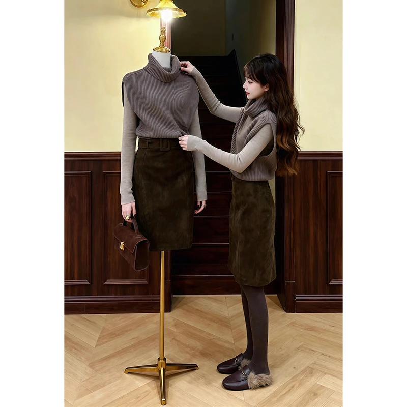 INSCEC秋冬新款高领针织背心内搭打底上衣高腰A字半身裙套装冬季