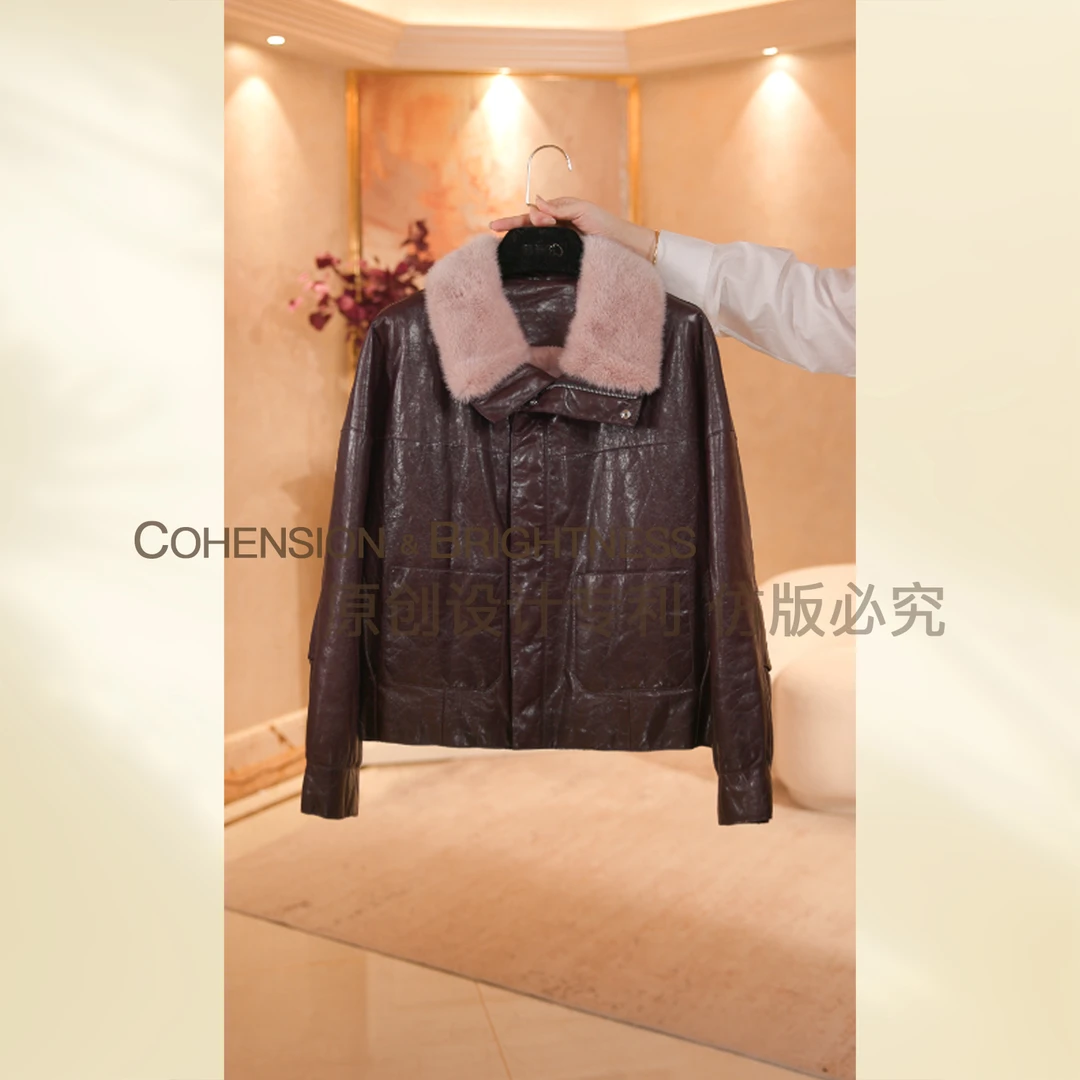 凝慧【飒爽潇洒】进口复古翻领保暖鹅绒羽绒服油蜡皮YA083