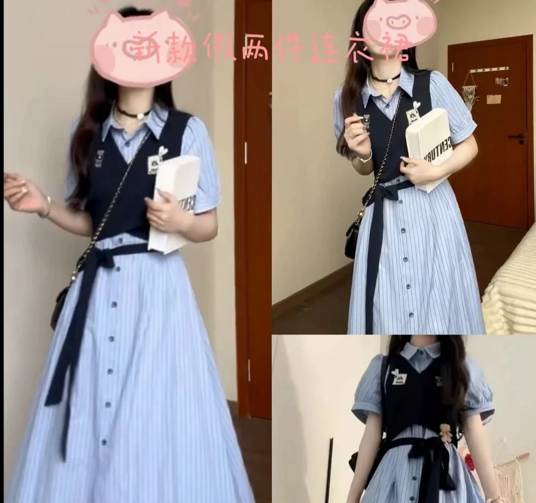 假两件连衣裙2025夏季初中生学院风条纹衬衫小众设减龄计感长裙