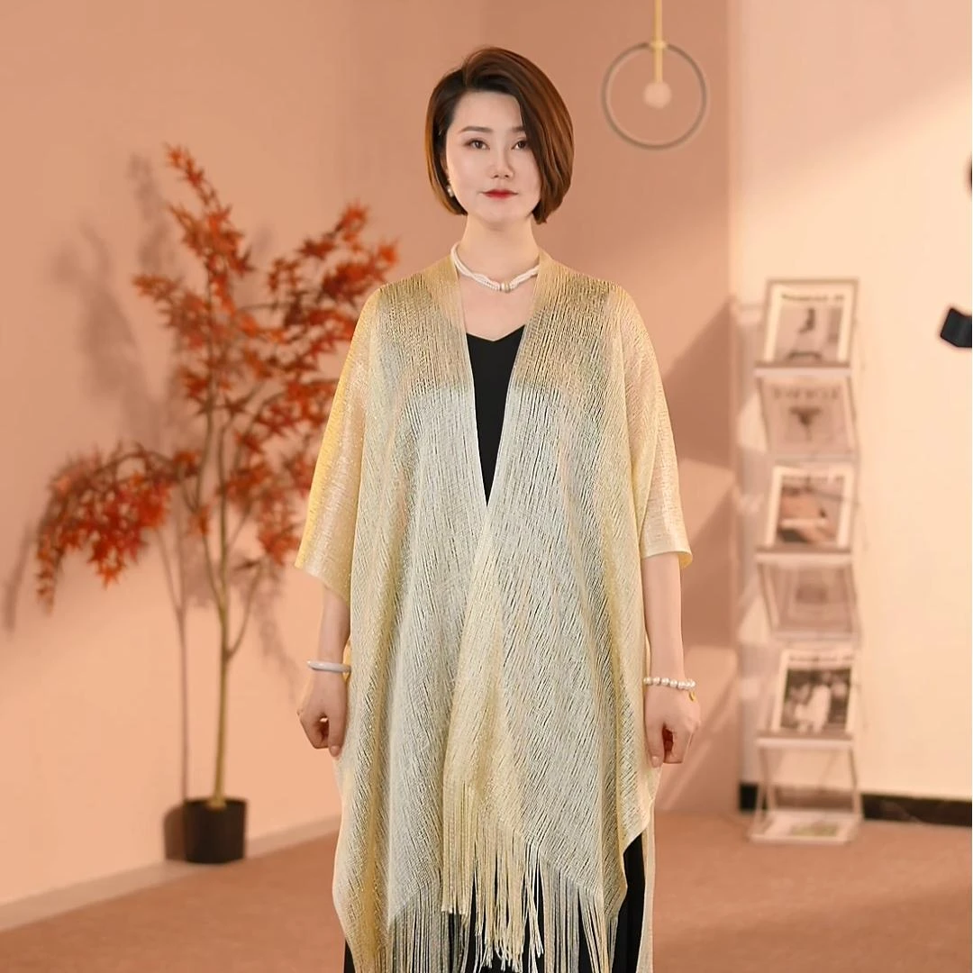新款亮丝流苏披肩旗袍披肩多功能夏季防晒流苏斗篷披肩9062
