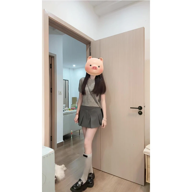 韩系复古灰色圆领带钻短袖针织衫女夏季甜美短毛衣上衣半身裙套装