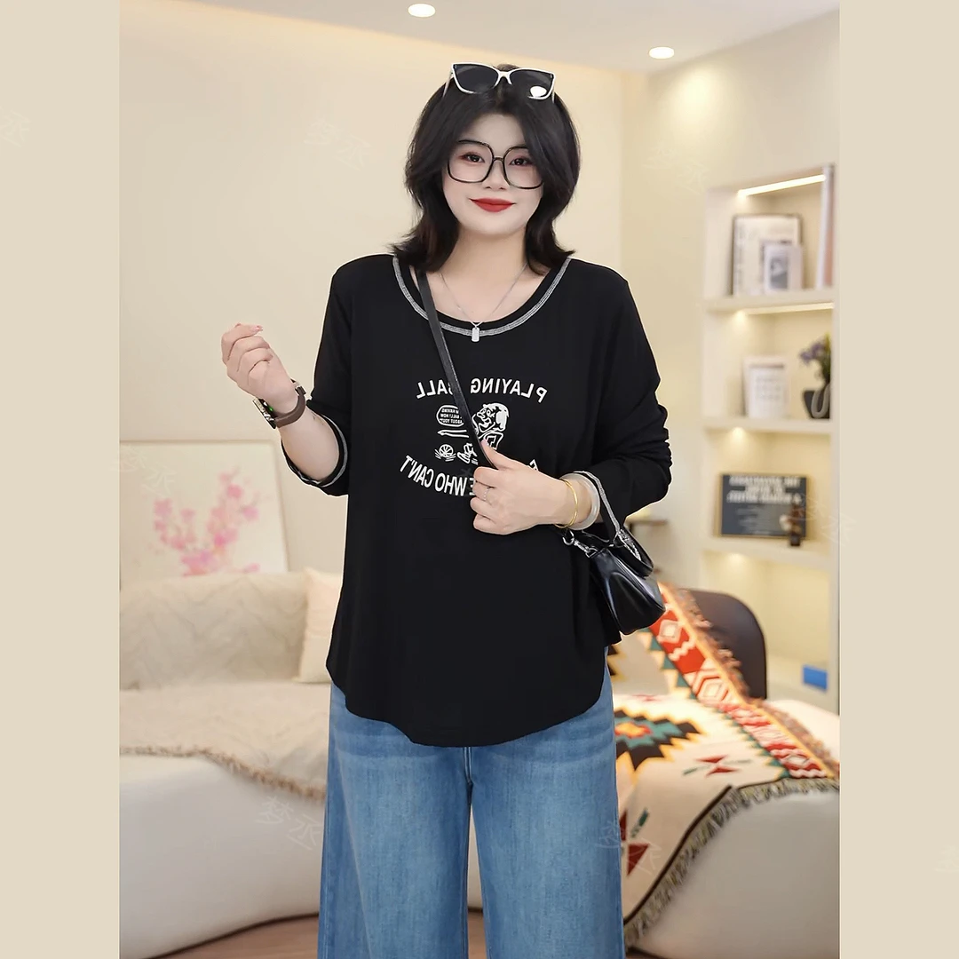 梦丞-大码女装胖mm新款圆领趣味卡通印花宽松百搭长袖T恤上衣女