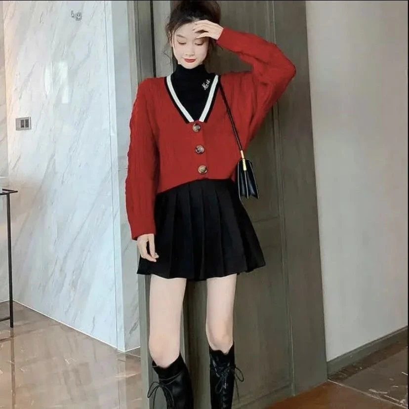 808177-1秋冬针织开衫红色2024修身新款毛衣外套长袖春秋上衣