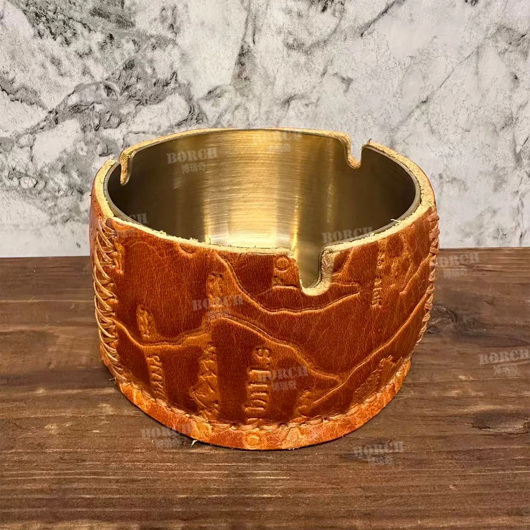 348博瑞奇复古头层牛皮烟灰缸地图纹黄色置物盒桌面装饰摆件10043