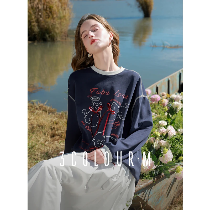 【陈大可专属】三彩2025春季新款线条小猫蝴蝶结卫衣圆领套头dbx