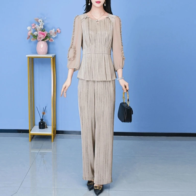 时尚休闲套装女2025新款春季修身减龄轻熟风妈妈装阔腿裤两件套潮