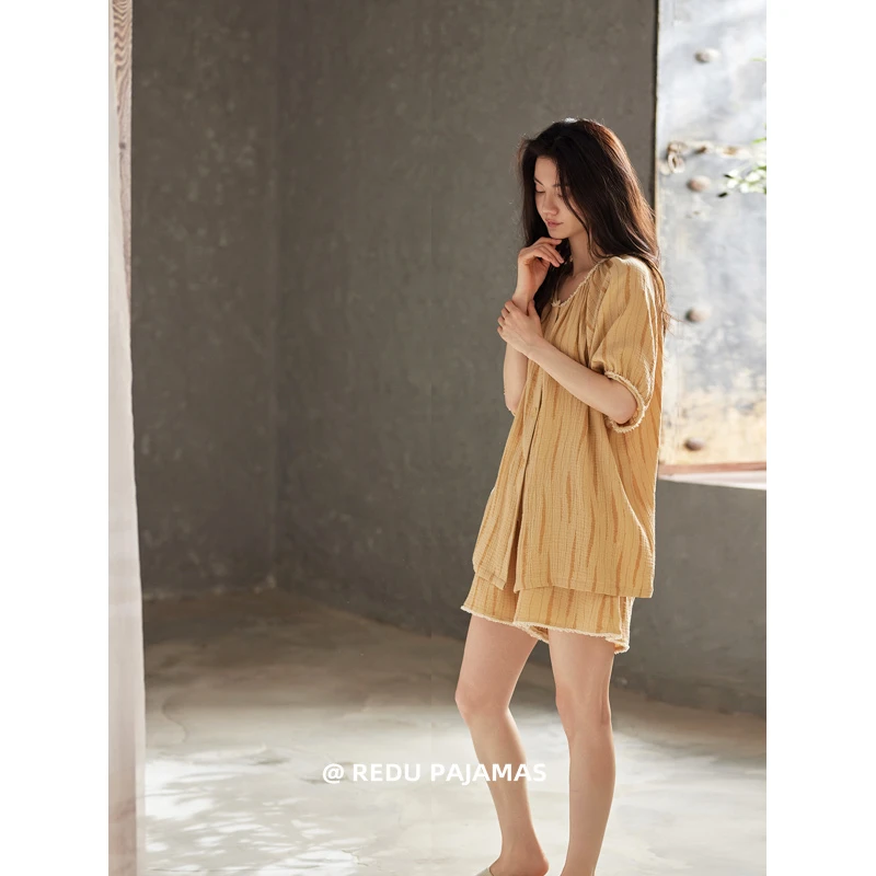 热妒睡衣女夏季纯棉纱布凉感黄色条纹带胸垫一体家居服套装高级感