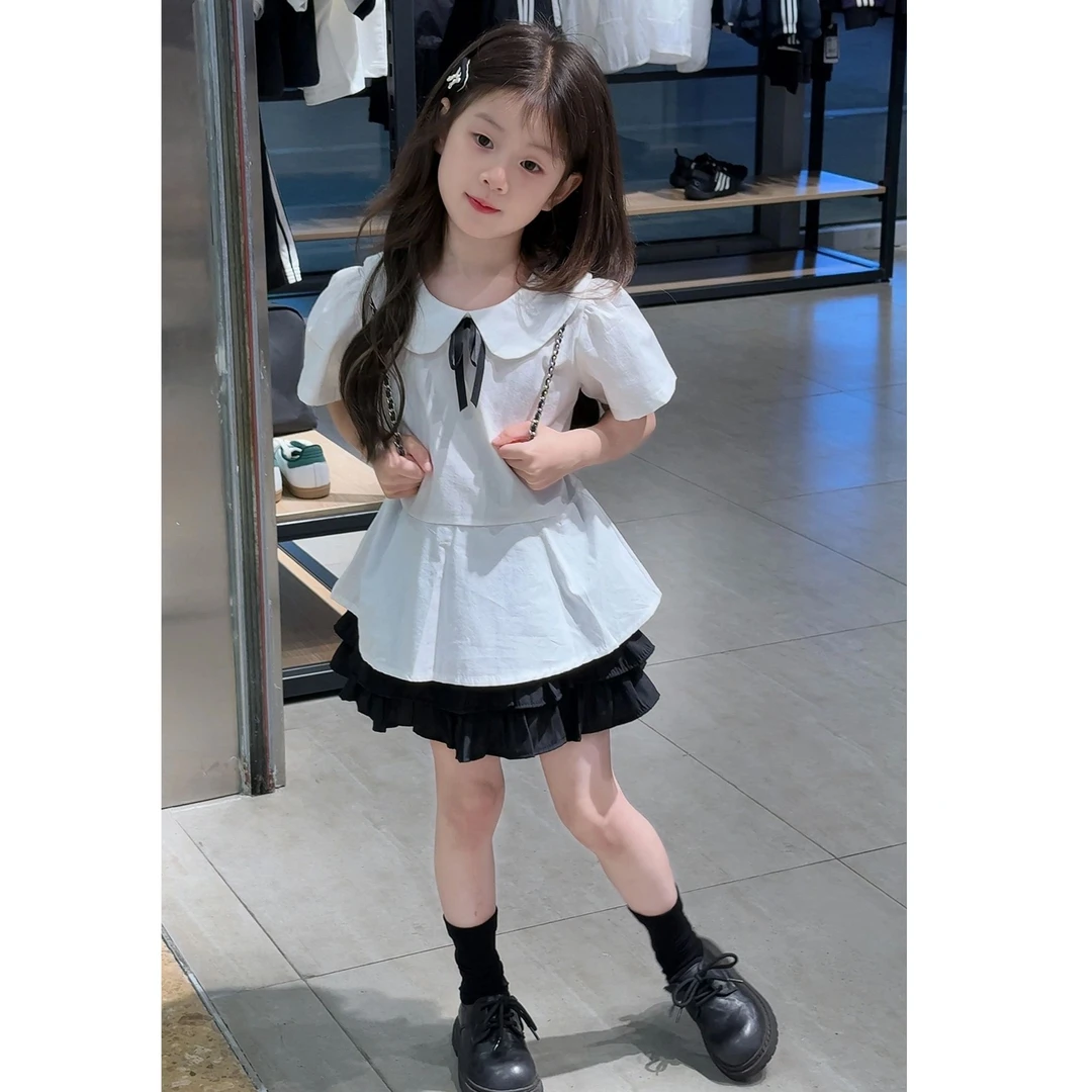 夏季新款女童学院风套装白色娃娃领蝴蝶结衬衫蛋糕裙套装女童套装