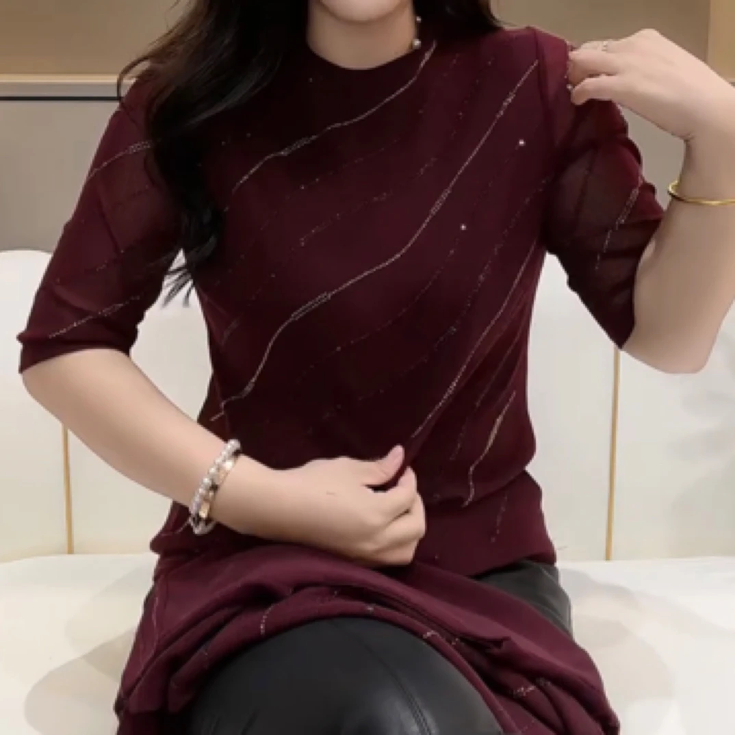 新款重工波浪5分袖蕾丝打底衫