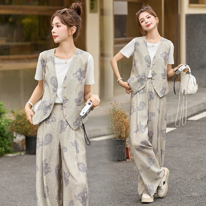 气质减龄印花马甲套装女2025夏季新款设计感时尚休闲阔腿裤三件套