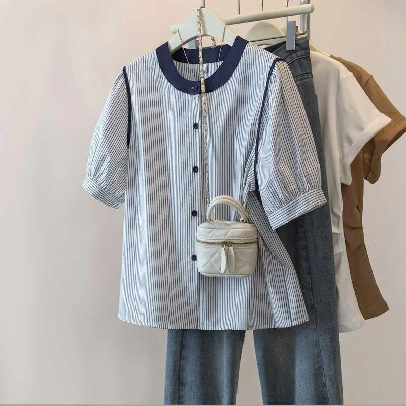 2025新款夏季韩系条纹短袖衬衫大码女装微胖mm高级感遮肉显瘦上衣