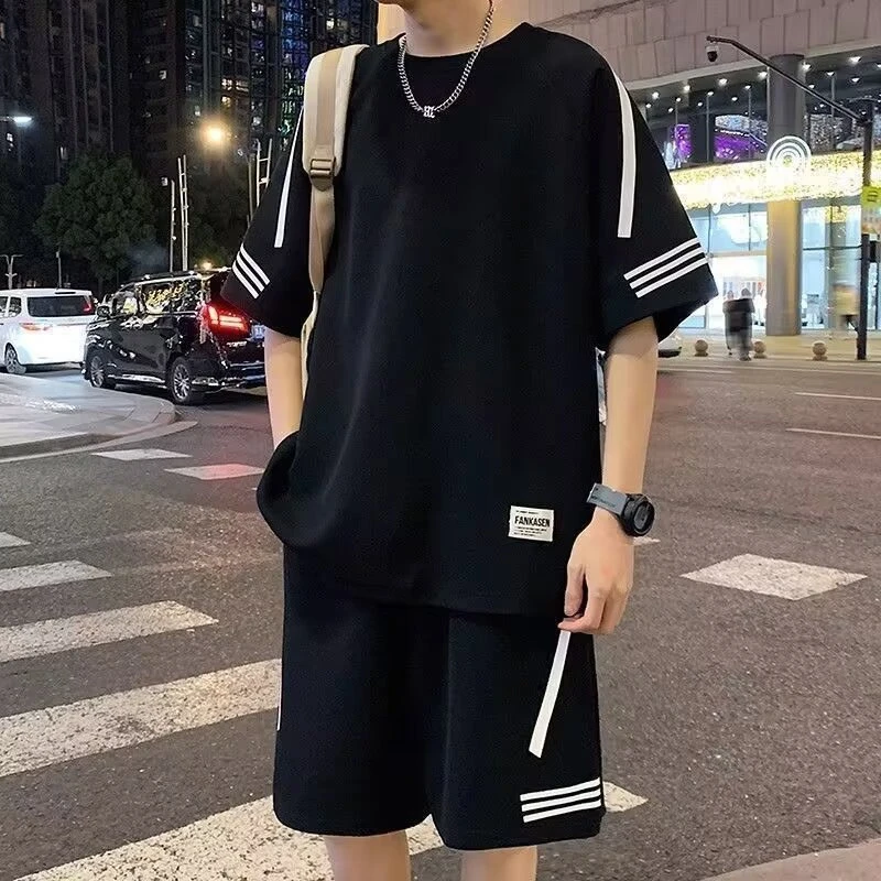 潮牌男装夏季t恤宽松帅气短袖短裤一整套青少年运动服夏天套装男