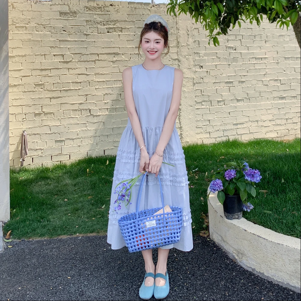 法式蓝色无袖背心连衣裙女夏季新款气质温柔风宽松显瘦甜美长裙子