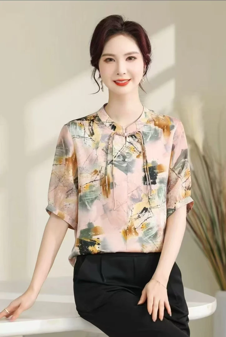 夏季新款短袖时尚洋气减龄小衫宽松薄款印花T恤中老年妈妈上衣女