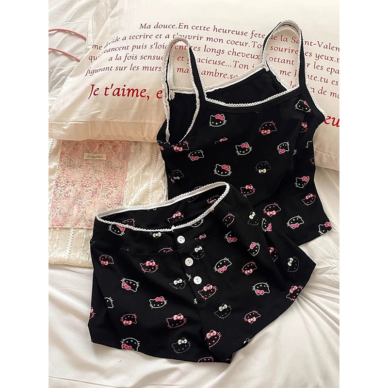 莫代尔冰丝卡通HelloKitty印花睡衣女夏季吊带短裤甜美套装可外穿