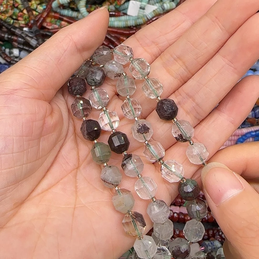 玛瑙/玉髓合金珠宝半成品绿幽灵7mm一条切面