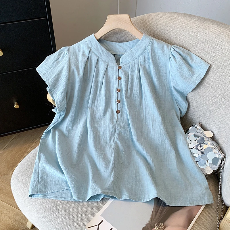 褶皱纽扣圆领飞飞袖衬衫女2025夏季新款设计感宽松遮肚子别致上衣