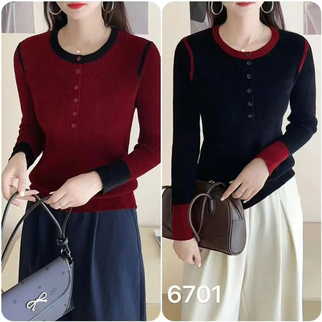 【娜姐家】6701#拼色圆领扣子天e绒毛衣衫