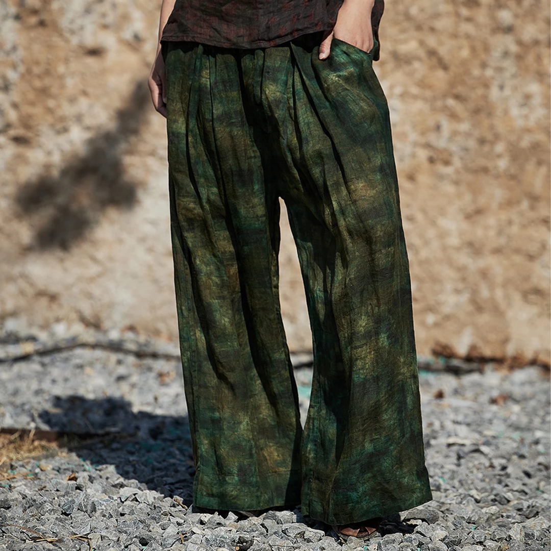 麻依者25夏款薄款植物晕染斑驳做旧宽松休闲直筒阔腿裤#M-112