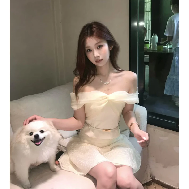 2025夏季新款法式气质一字肩网纱拼接上衣高腰显瘦A字蕾丝半身裙