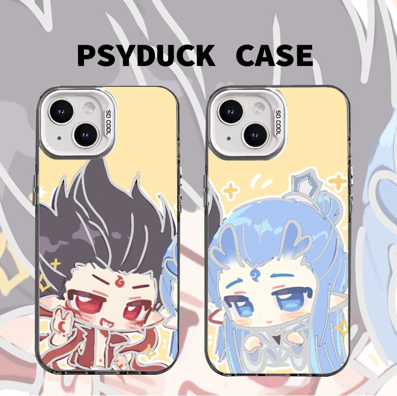 适用苹果华为一加iQOO小米大眼睛全包哪吒彩银白底创意防摔手机壳