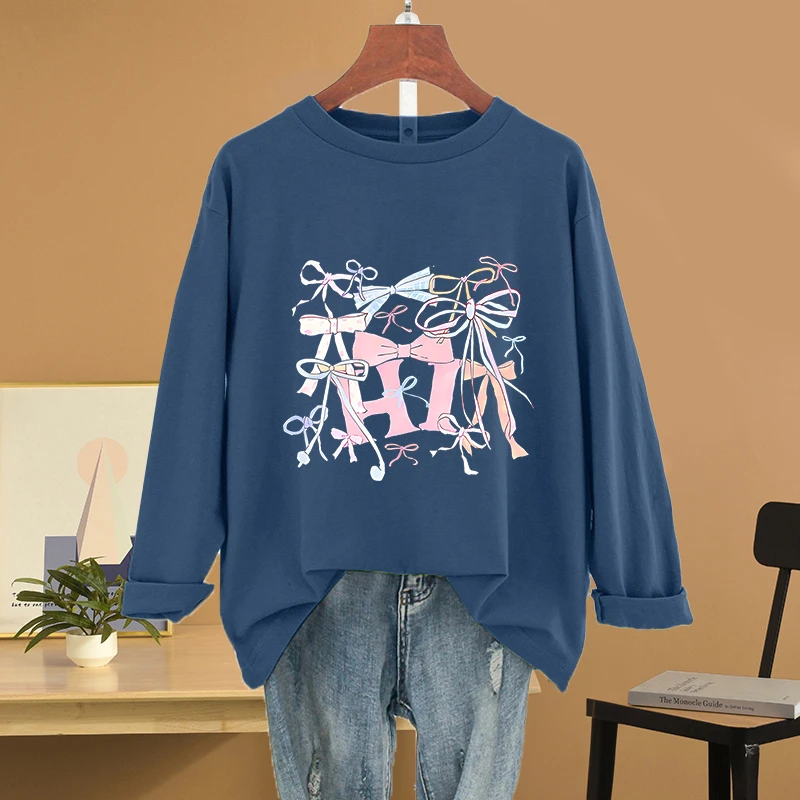 200斤胖mm宽松长袖纯棉t恤女2025年新款大码oversize秋季打底上衣