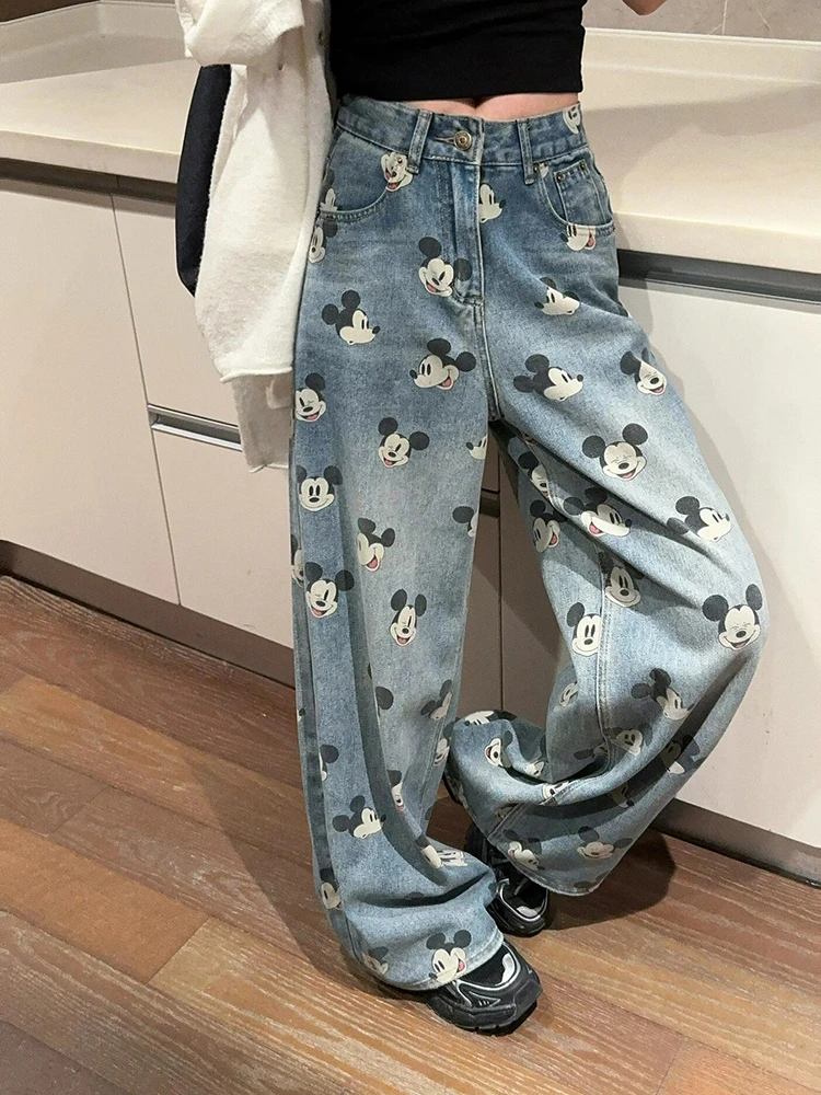 大码复古蓝色米奇卡通印花牛仔裤女新款夏季高腰宽松直筒阔腿裤子