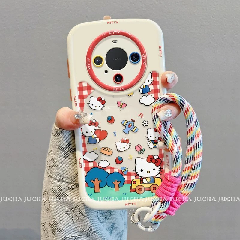 适用格纹凯蒂猫华为mate80pro手机壳带挂绳硅胶HUAWEImate80情侣