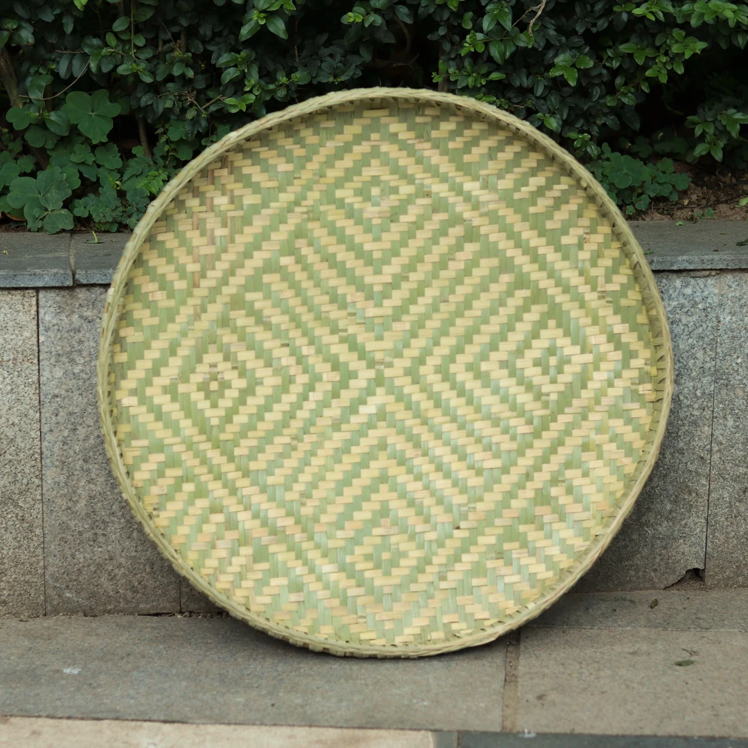 直径60cm花纹簸箕手工竹编靑篾锁边圆形加固晾晒粮食农家用具簸箕