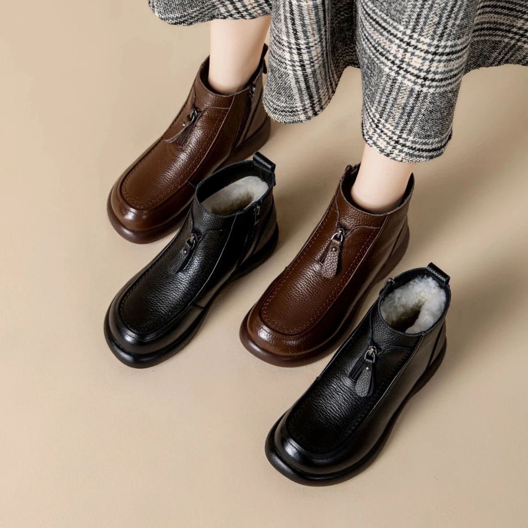 『羊毛』妈妈棉鞋女冬季加绒加厚保暖真皮短靴