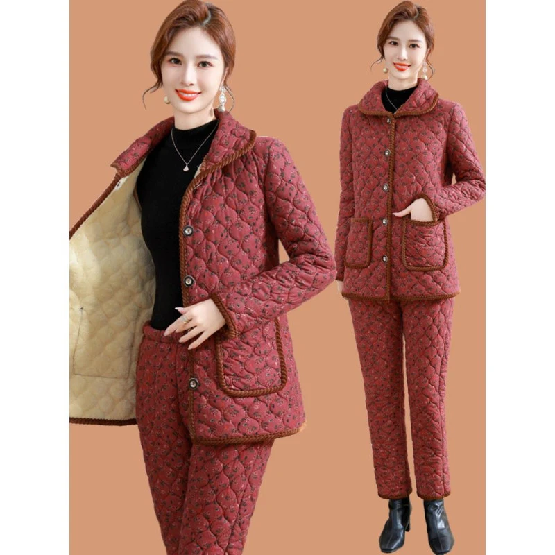 彩羊中老年人秋冬装加绒夹棉睡衣套装奶奶加厚居家棉服