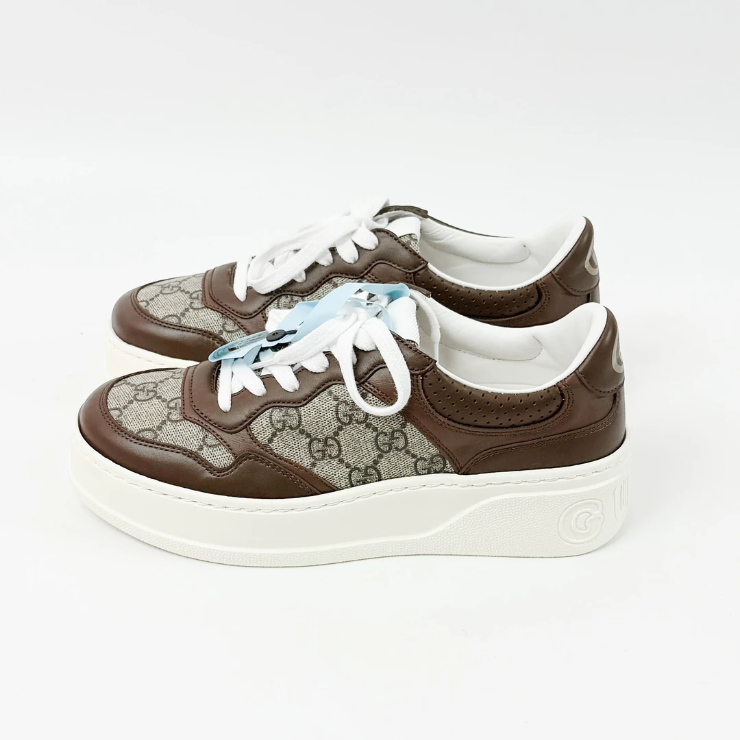 99新 GUCCI/古驰 38.5码 棕色老花logo饼干鞋 lm1643