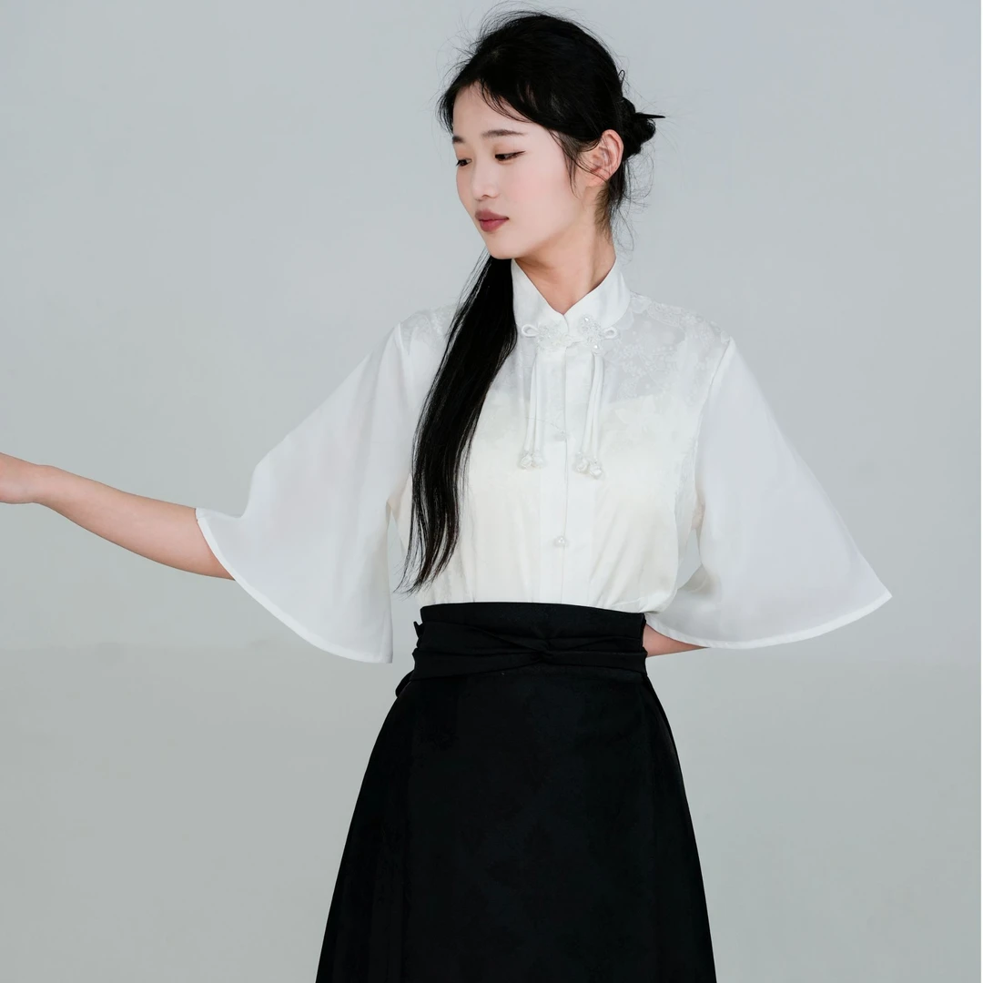 洛如嫣【蝶恋花短袖衬衫】新中式国风雪纺气质立领衬衣女提花流苏