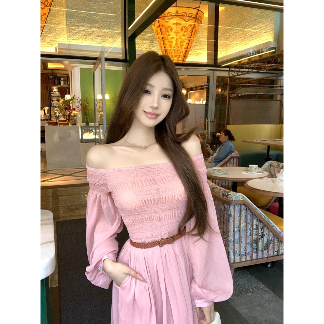 网红露思同款/连衣裙女夏法式一字肩高级感抹胸绝美明星粉长裙