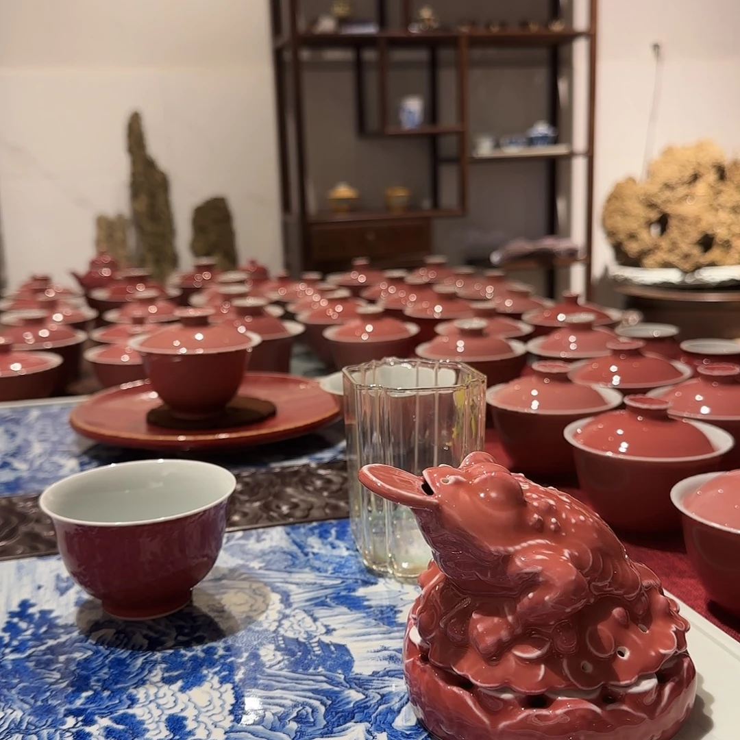 景德镇豇豆红手工盖碗