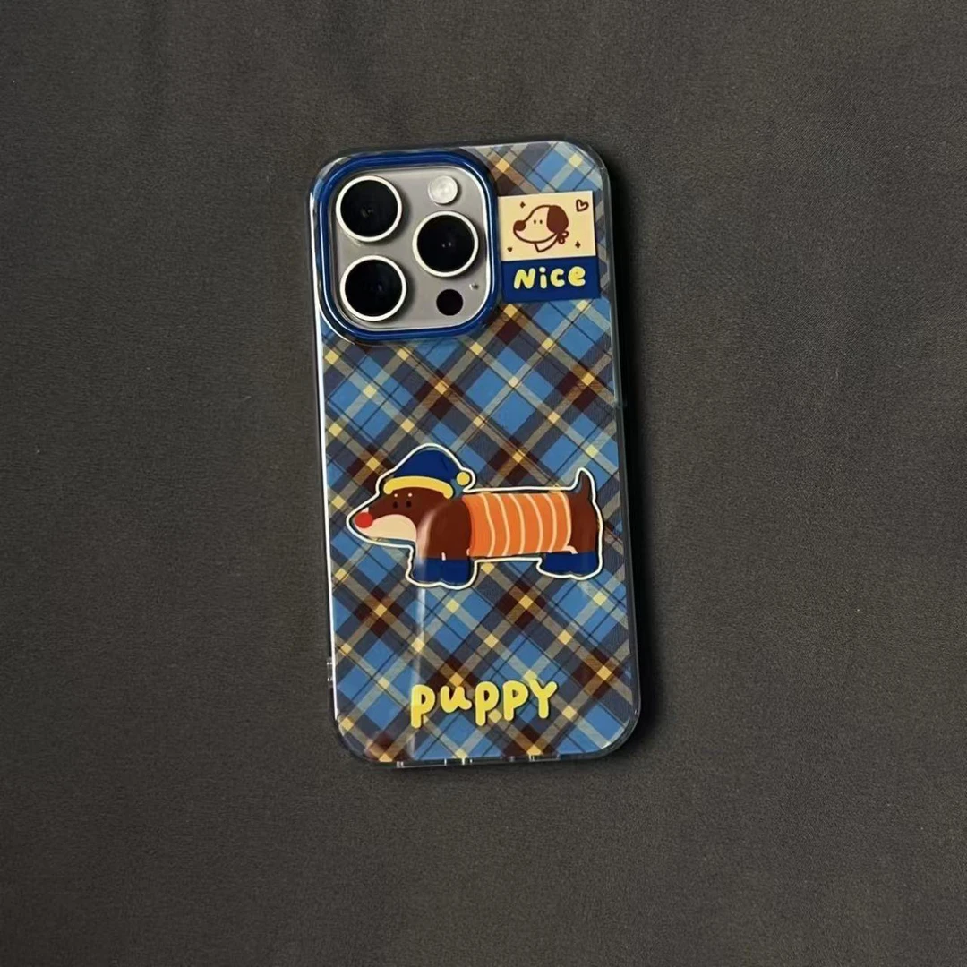 Lucky蓝格纹英文小狗适用iPhone16大孔手机壳华为vivo小米oppo套