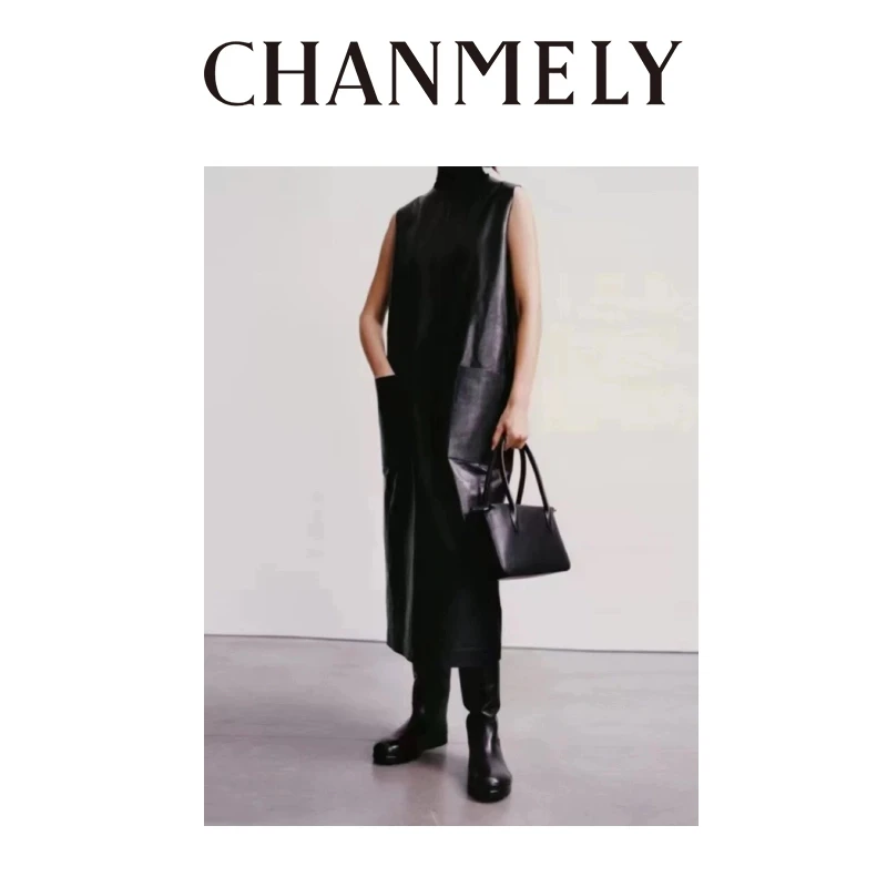 【CHANMITY】24/FW‘’row‘’高级感直筒显瘦无袖羊皮连衣裙0241421