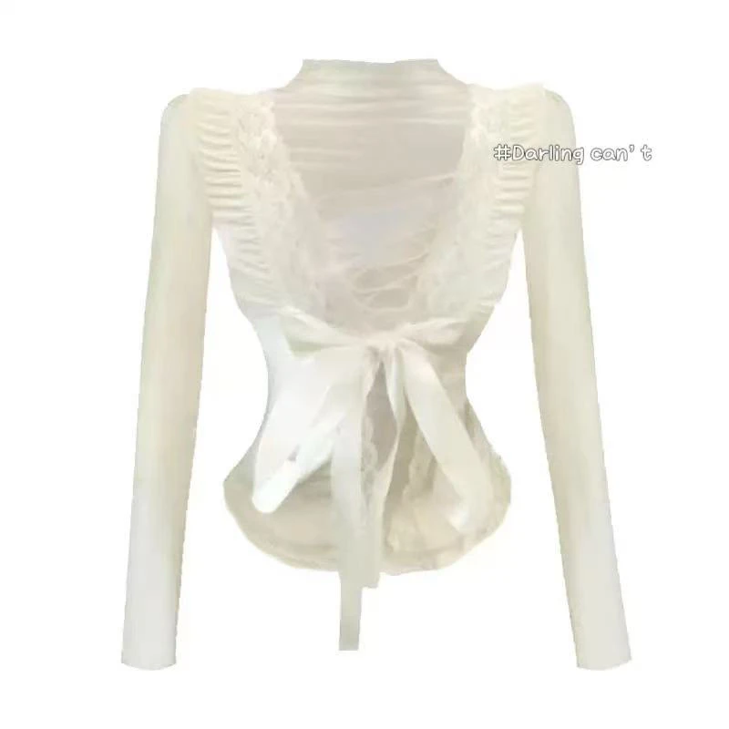 大脸喵 白月皎洁 2025年春款拼网纱绑带蝴蝶结上衣纯欲风蕾丝