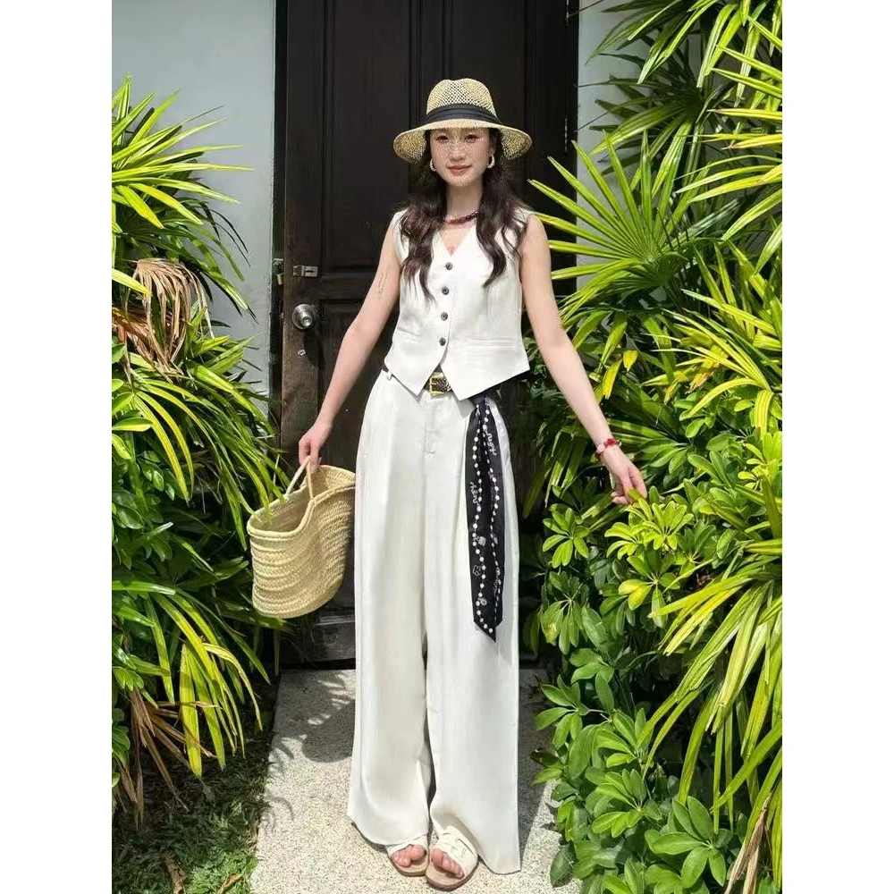 高级松弛感穿搭白色马甲背心阔腿裤休闲两件套装女装2025新款夏季