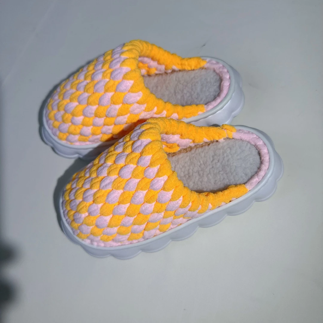 秋冬季手工编织云朵底保暖防滑加厚居家拖鞋儿童