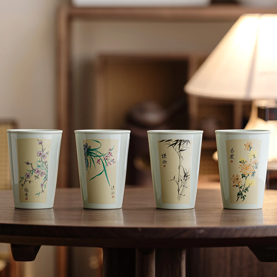 草木灰梅兰竹菊大号主人杯单杯陶瓷家用可乐杯水杯喝茶杯功夫茶具