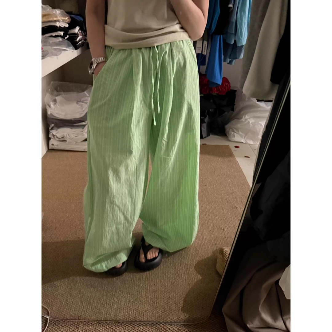 清新薄荷绿条纹可外穿遛弯睡裤女夏季新款宽松慵懒阔腿裤家居裤子