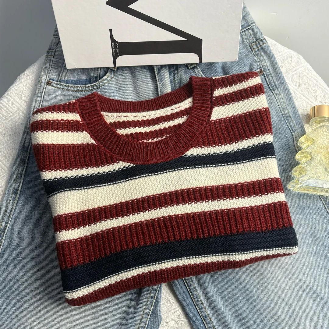 玲姐定制-红色假两件拼接款条纹针织毛衣250669