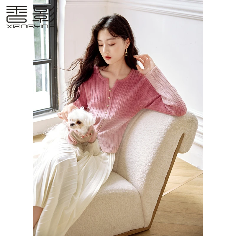 N851063毛针织衫香影欧若智性风渐变色针织衫25春新款温柔