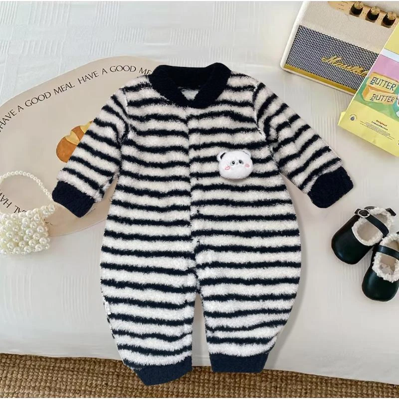 婴幼儿对开奥粒绒连衣亲肤透气保暖爬服哈衣秋冬长袖婴儿家居服