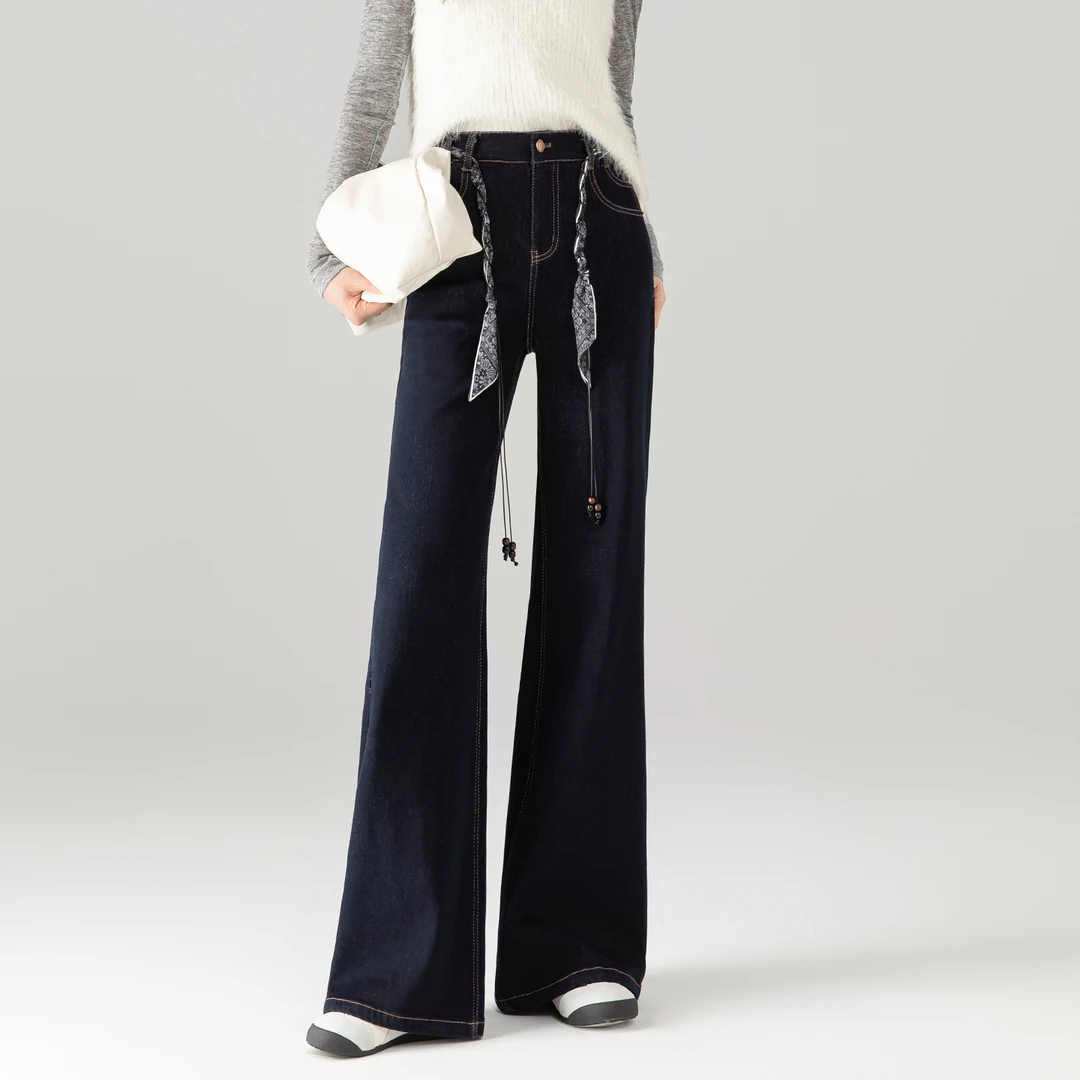 微喇牛仔裤女2025新款冬季高腰加绒宽松阔腿裤子设计感直筒喇叭裤