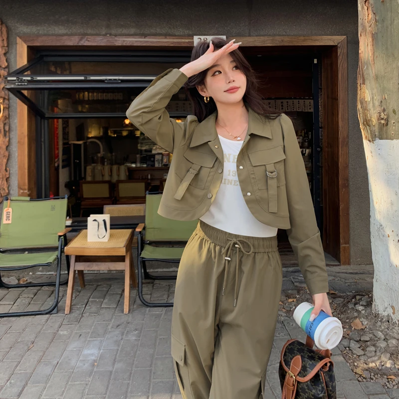 春季新款时尚潮流女装套装长袖显瘦百搭休闲两件套上衣短款春秋