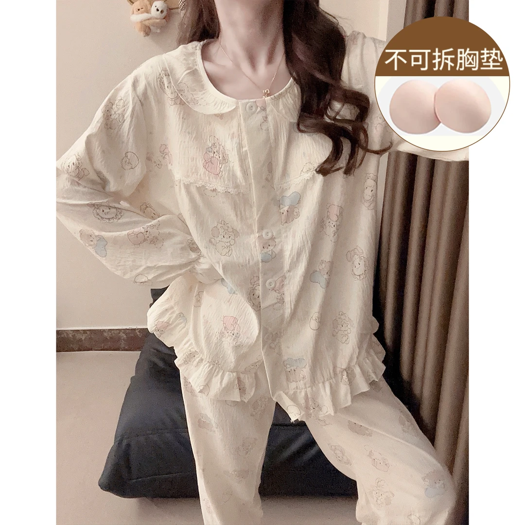 娃娃领睡衣女春秋长袖云朵棉2025新款带胸垫少女可爱风家居服套装